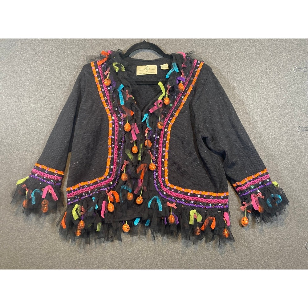 Design Options Halloween Cardigan Sweater Black Pumpkin 3D Charms Sequins Large